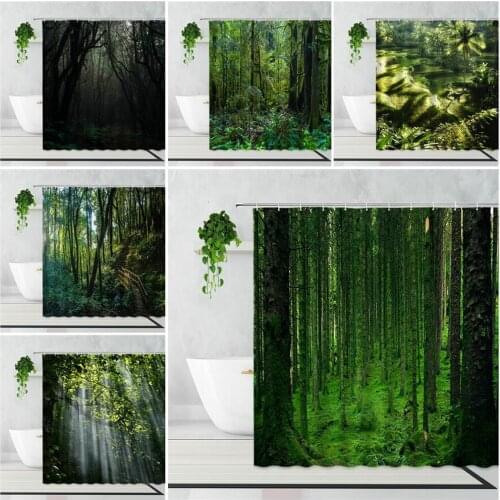 Tropical Rain Forest Landscape Shower Curtain Green Jungle Scenery Home Decoration Background Waterproof Bath Curtains With Hook