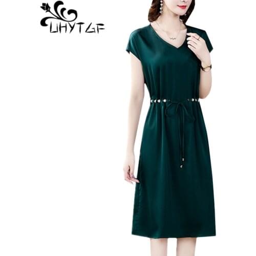 UHYTGF Fashion plus size dresses womens beaded elegant bandage dress Korean pullover casual summer dress V-neck beach dress 1191
