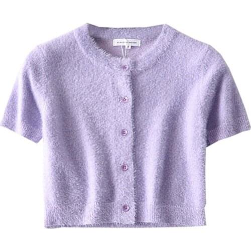 Knit cardigan women Summer fuzzy cardigans korean style purple cardigan crop top vintage cardigans cute cardigan short sleeve