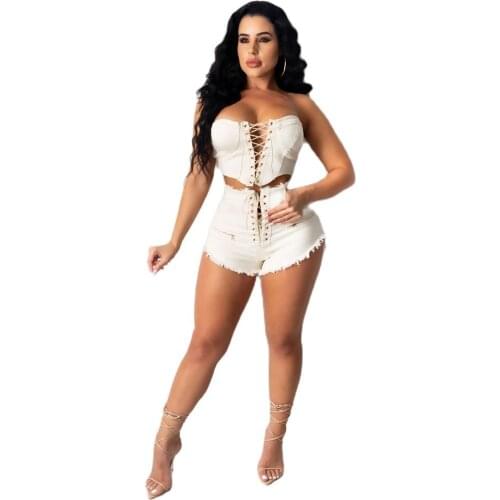 XLLAIS Denim 2021 Summer Fashion Cute Shorts Sets Women Sexy Lace Up Tank Tops White And Blue Colors Boho Two Piece Outfits