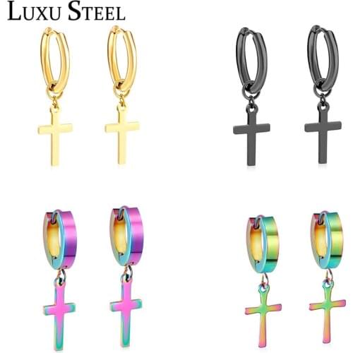 LUXUSTEEL Stainless Steel Hoop Earrings For Women 2020 Trend Gold/Black/Rose/Silver Color Round Circle Cross Earrings Collier