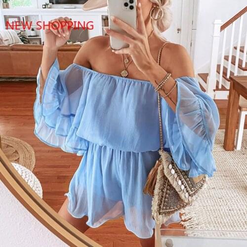 Summer Off Shoulder Loose Playsuits Women Casual Ruffle Beach Romper Bodysuits 2021 Elegant Flare Sleeve Chiffon Shorts Jumpsuit