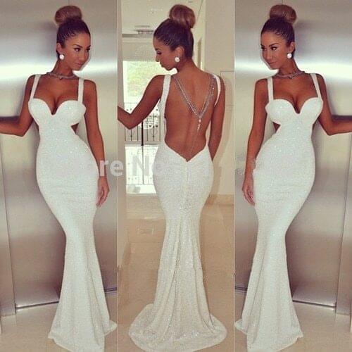 New Fashion White Long Prom Dresses 2020 Mermaid Prom Dresses Straps Sequins Sexy Backless Free Fast Shipping