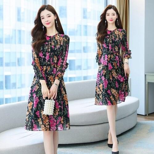 Midi Chiffon Women Floral Dress Autumn Spring Runway 2021 Y2k Korean Fairy Long Sleeve Vintage Elegant Boho Party Night Dresses