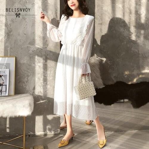Women Autumn Spring Chiffon Dress Elastic Waist Ruffles A-line Vintage Vestidos Flare Sleeve Elegant Party Dress Robe Femme