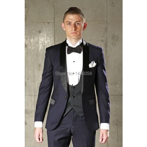 2017 Costume Homme Slim Fit Groomsman Groom Tuxedos For Men Navy Blue Best Men Suit Wedding Mens Suits (Jacket+Pants+Vest+Bow)