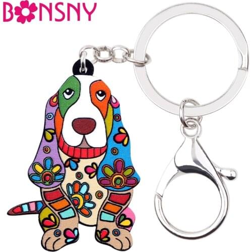 Bonsny Acrylic Cartoon Floral Basset Hound Dog Key Chain Keychain Rings Fashion Animal Jewelry For Women Girl Kid Bag Car Charms