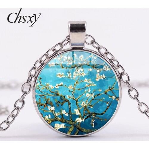 CHSXY Van Gogh Oil Painting Necklace Sunflowers Almond Branch Bloom Art Glass Photo Dome Pendant Necklaces For Women Men Gifts