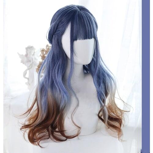 LANLAN Color Long Curly Hair Synthetic Cosplay Lolita Harajuku With Bangs Blue Brown Pink Gradient Daily Wigs