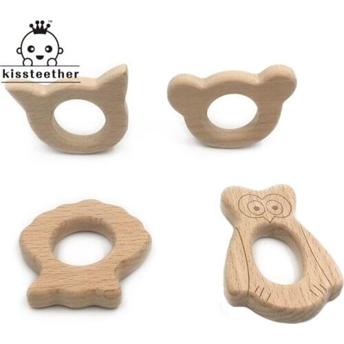 Beech Wooden Eagle-Bear-Cat-Octopus Natural Handmade Wooden Teether DIY Personalized Pendent Eco-Friendly Safe Baby Teether Toy