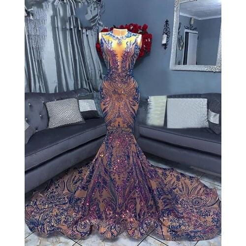 Long Evening Dress Sparkly Sequined 2021 Sexy Mermaid Prom Dress Black Girls African Dubai Women Formal Evening Gowns