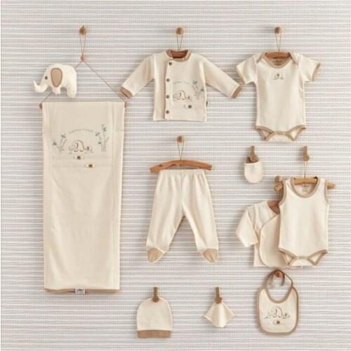 New Born Baby Set Unisex Baby Beige Organic Elephant 10 Piece Newborn Hospital Output Set 100% Cotton Gift Baby set
