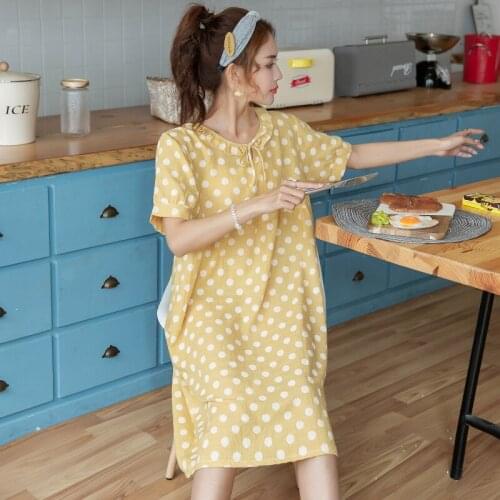Home service loose large size yellow polka dot nightdress female summer thin cotton and linen pregnant women skirt evening skirt
