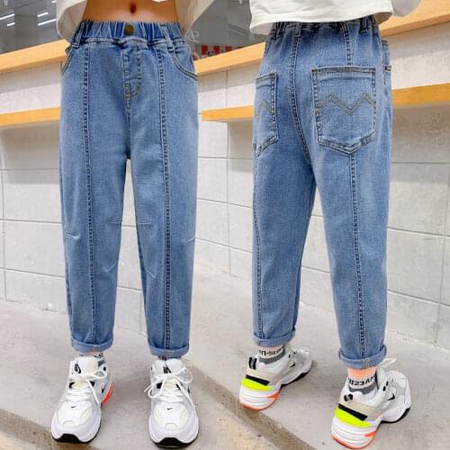 2021 Spring Casual Girls Denim Jeans Blue Slim Fit Denim Material For Girls Trousers Kids Clothing Pencil Pants 6 8 10 12 14Year