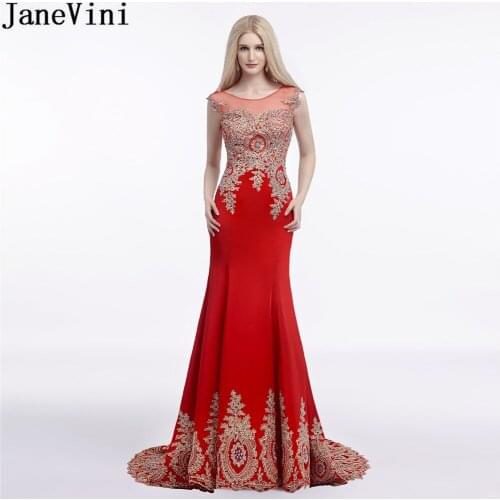 JaneVini Elegant Red Wedding Party Dresses Plus Size Gold Lace Long Mermaid Bridesmaid Dress Beaded Illusion Satin Formal Gowns