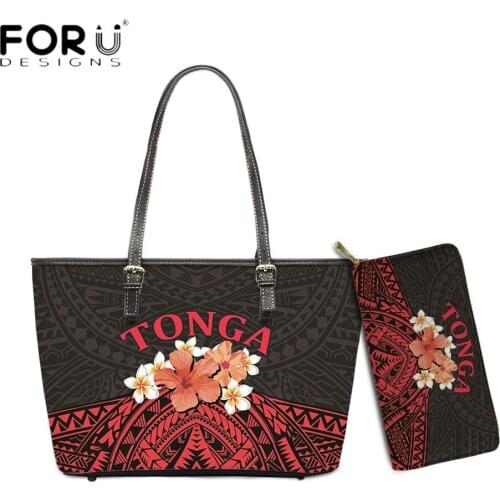 FORUDESIGNS New Fashion 2pcs Set Women Luxury Handbag And Purse Tonga Polynesian Tribal Flower Print Lady Shoulder Sac Totes Bag