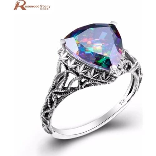Fashion Retro Punk Solid 925 Silver Cocktail Ring Rainbow Mystic Topaz Crystal Ring Vintage Hollow Women Evening Party Jewelry
