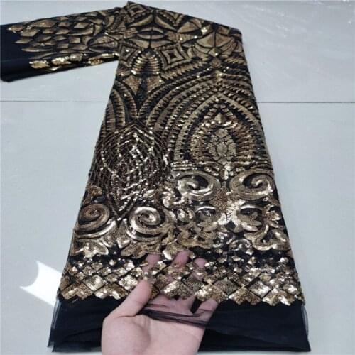African Lace Fabric With Sequins Black gold Latest Fabric High Quality Velvet Tulle Luxury Sequins Lace Fabric Dress Materials