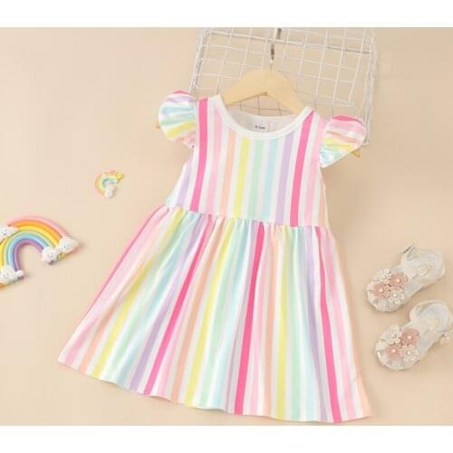 Summer Kids Dresses for Girls Baby Girl Clothing Cotton Flying Sleeve Colorful Rainbow Striped Girls Dresses Baby Clothes 0-6Y