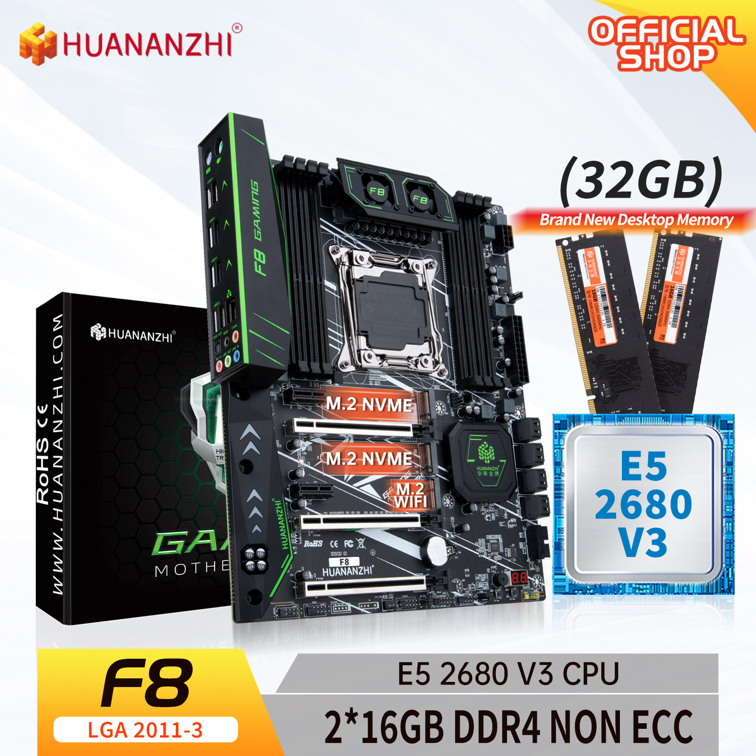 HUANANZHI X99 F8 X99 Motherboard with Intel XEON E5 2680 V3 with 2*16G DDR4 RECC memory combo kit set NVME SATA 3.0 USB 3.0 ATX