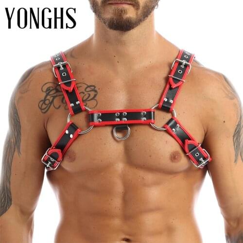 Harness Mens Erotic Lingerie Faux Leather Adjustable Body Chest Harness Body Bondage Cage Harness Belts with Buckles D-rings