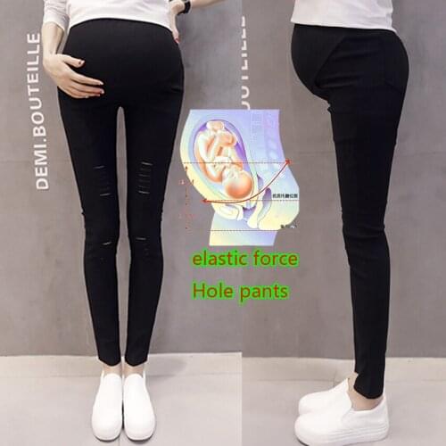 Spring and Autumn New Korean version of the thin hole hole stretch pregnant women pants pregnant women pencil feet pants