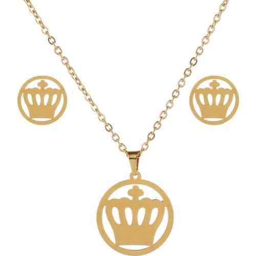 ORCHYO Crown Pendant Necklace With Earrings Gold Color Stainless Steel Jewelry Sets Women USA Russia Best Gift Of Love Wholesale
