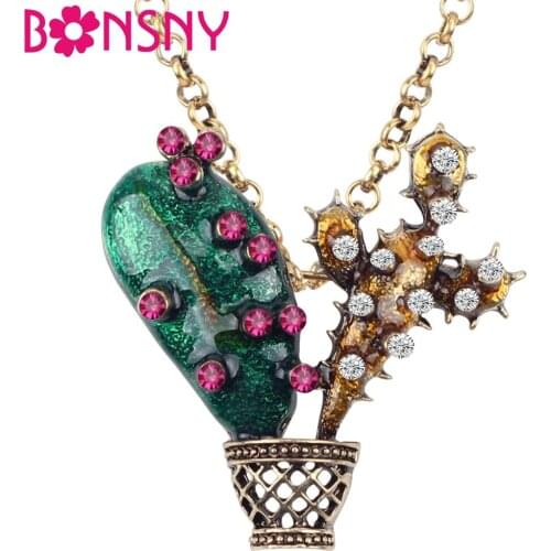 Bonsny Enamel Alloy Rhinestone Novelty Cacti Cereus Necklace Pendant Chain Choker Plant Jewelry For Women Girls Ladies Teen Gift
