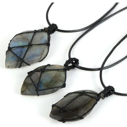 Irregular Natural Moonstone Pendant Necklace Handmade Rope Wrap Moon Stone Adjustable Necklace Men Women Neck Jewelry