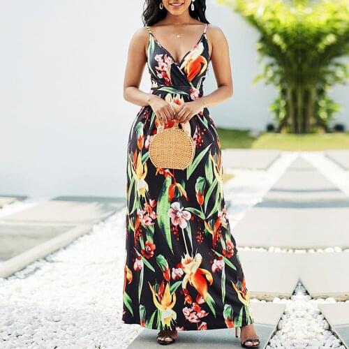 MISSJOY Women Dress Vintage Floral Printed V-neck Bohemian Beach Long Sexy Dress Sleeveless Strap Backless Party Maxi Dress