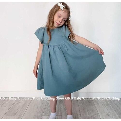 Linens Pure Color Flying Sleeve Summer Baby Girl Clothes Light Children Dress 2021 0-6 Years Kids Girls European Style Clothing