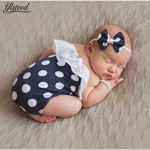 Newborn Photography Props Baby Romper Summer Polka Dot Romper Headband Pearl Bracelet Set Baby Photo Prop Infant Shooting Outfit