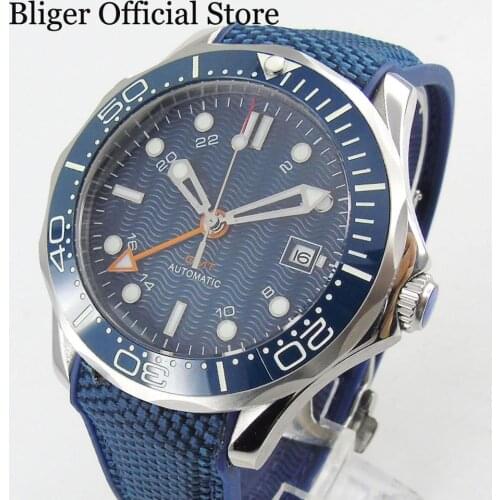 BLIGER Super Luminous Sterile Dial 41mm Automatic Mens Watch With GMT Hand Date Display Rubber Strap