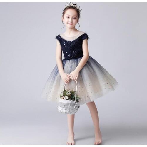Dark Blue Sequin Tulle Girl Princess Formal Dress Kids Evening Prom Party Pageant Ball Gown Flower Girl Dresses For Wedding