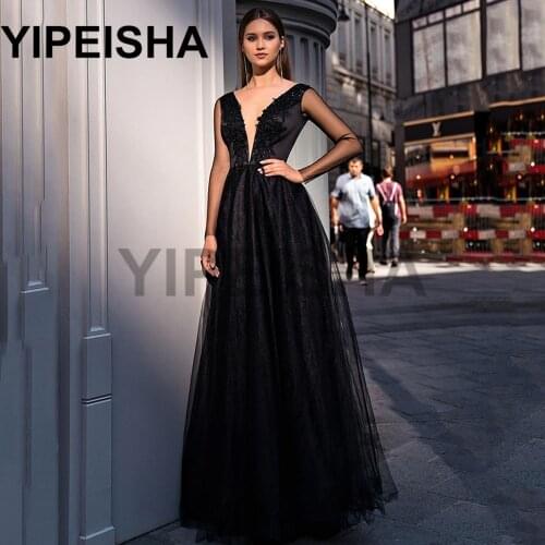 Deep V-Neck Long Sleeve Backless A-Line Evening Dresses Lace Appliques Sequined Satin Prom Party Gown vestidos de fiesta платье
