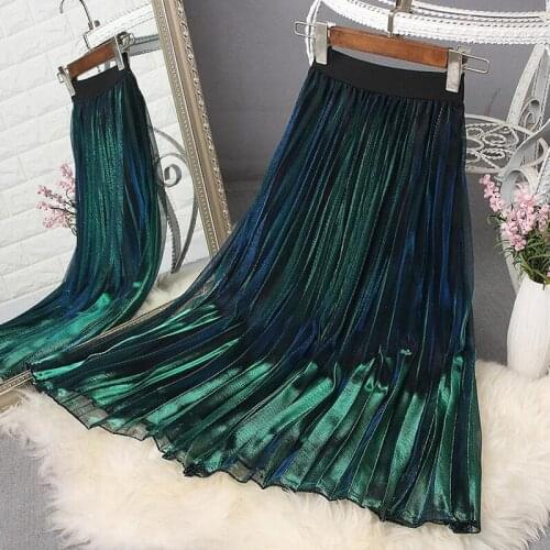 2020 Spring Summer Vintage Gradient Tulle Skirts Womens High Waist A-Line Mesh Pleated Skirt Elegant Mid-Long Party Skirt