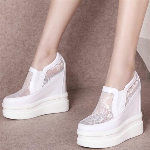 Black White Women Cow Leather Platform Wedges Sports Sandals Summer Breathable Super High Heel Pumps Round Toe Fashion Sneakers