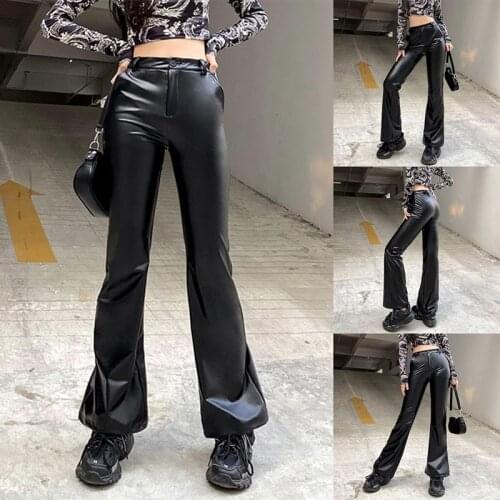 Womens Fashion Sexy Solid Color High Waist Flare Skinny Leather Pants Black