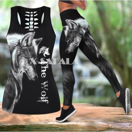 Night Dark Wolf Animal Two Piece Yoga Set Women 3D Print Vest Hollow Out Tank Top High Waist Legging Summer Casual Sport1