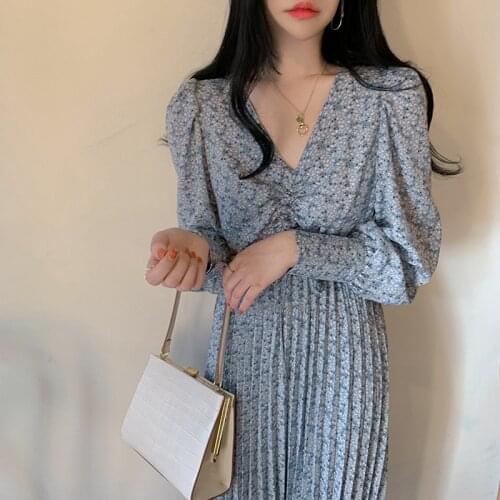 Women Spring Sexy V Neck Drawstring Ruffle Long Pleated Chiffon Dress Long Sleeve High Waist Floral Dresses Elegant