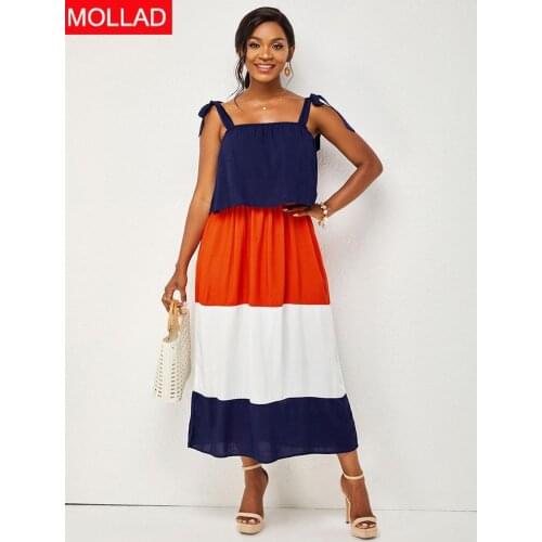 2021 New Summer Street Temperament Womens Clothing Strap Type Sleeveless round Neck Swing Contrasting-Color Dress