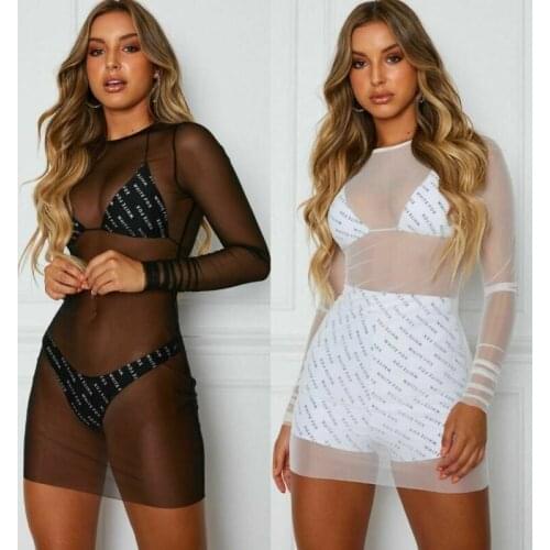 Women Mesh Mini Dress Sheer See Through Swimwear Long Sleeve Through Beach Swimsuit Cover up Dress Clubwear Party Bathing Suit