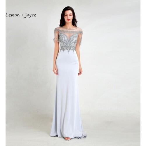 Lemon joyce Formal Evening Dresses Long 2020 Gray O-neck Beading See-through Mermaid Prom Gowns Plus Size vestido de soiree
