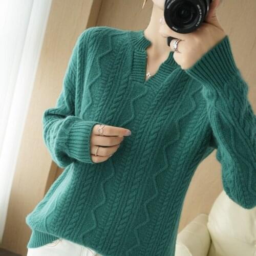 Zocept Autumn Winter 2021 Fashion Cashmere Brand Women Wool Sweater V-Neck Pullover Solid Color Knitted Twist Loose Fit Sweaters