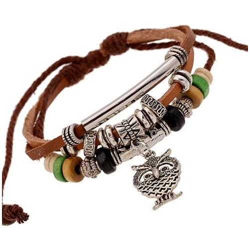 2017 HOT Owl Pendant Leather Bracelet Vintage Alloy Beads Bracelet