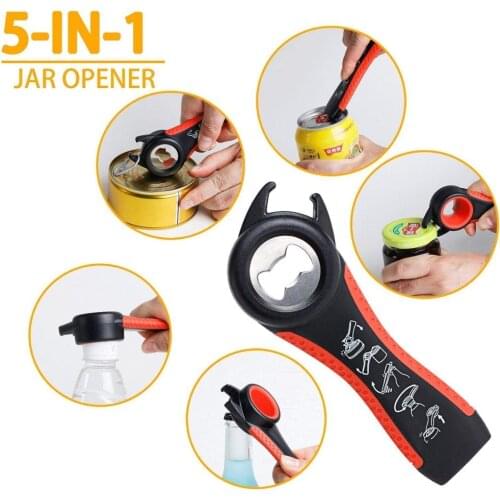 5 In 1 Multi Function Bottle Opener Stainless Steel Plastic Can Beer Opener Kitchen Non-Slip Beer Lid Twist Off Jar Can Opener