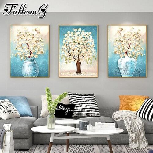 FULLCANG 5d diy diamond embroidery abstract Still life vase with flowers painting triptych full square round drill decor FC3632