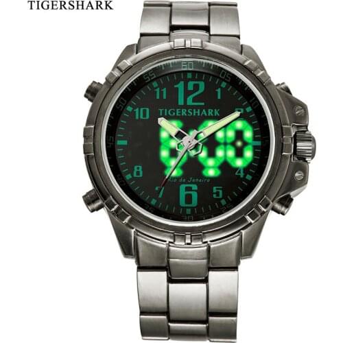 TIGERSHARK Mens Watch Fashion Sports Watches LED Digital Alloy Quartz Watch 30M Waterproof Green Relogio Masculino