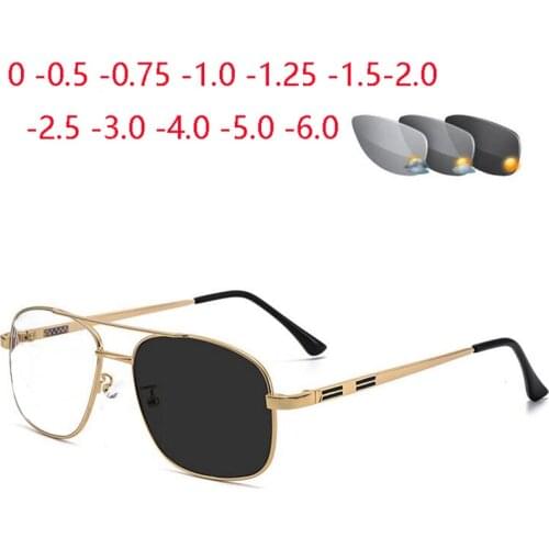 Double Beam Big Frame Sun Photochromic Gray Prescription Spectacles Metal Oval Nearsighted Glasses Diopter 0 -0.5 -0.75 To -6.0