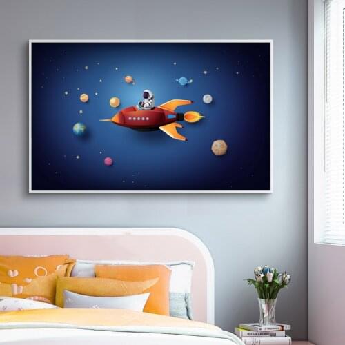 Astronaut Canvas Painting Cartoon Planets Poster Space Travel Wall Pictures For Boy and Girl BedRoom Nursery Home Decor No Frame